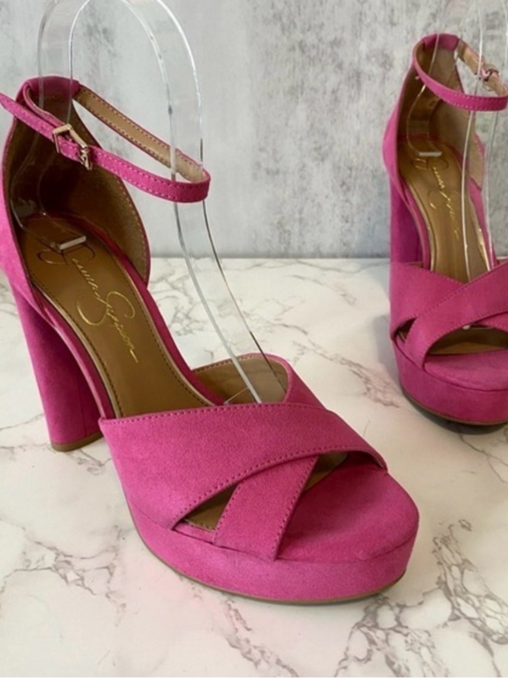 Jessica Simpson Pink Suede Platform Sandals with Ankle Strap